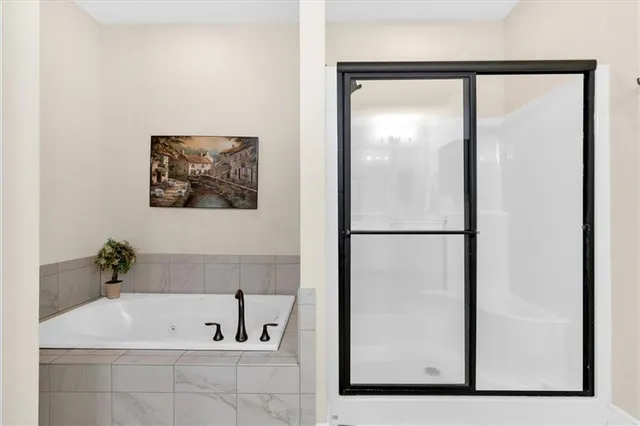 a bathroom with a bathtub and a shower