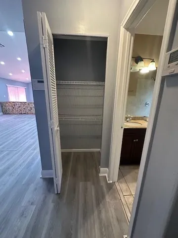 a bathroom with a walk in closet and wooden floor