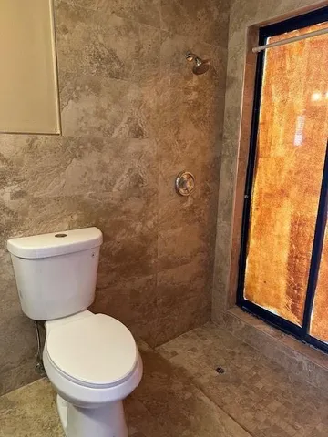 a bathroom with a toilet and a shower