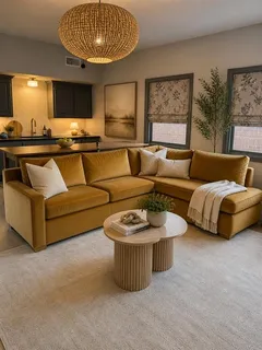 a living room with furniture and a table