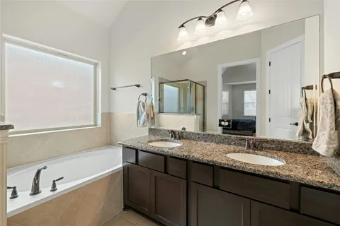 a bathroom with a granite countertop bathtub a double vanity sink and mirror