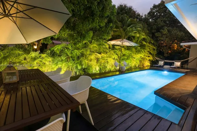 a view of a swimming pool with a patio