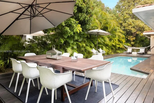 a patio with a table and chairs under an umbrella