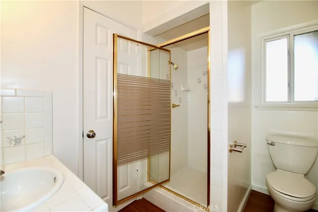 a bathroom with a shower and a toilet