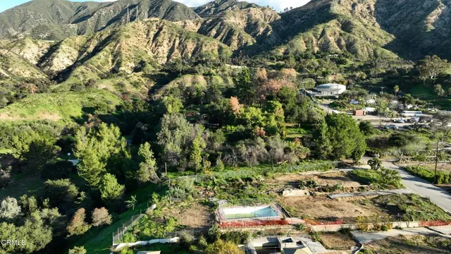 a view of a yard and mountain