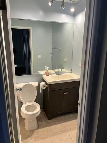 a bathroom with a sink vanity and a toilet
