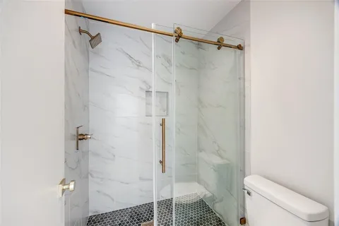 a bathroom with a shower and toilet