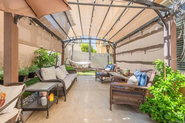 an outdoor space with furniture