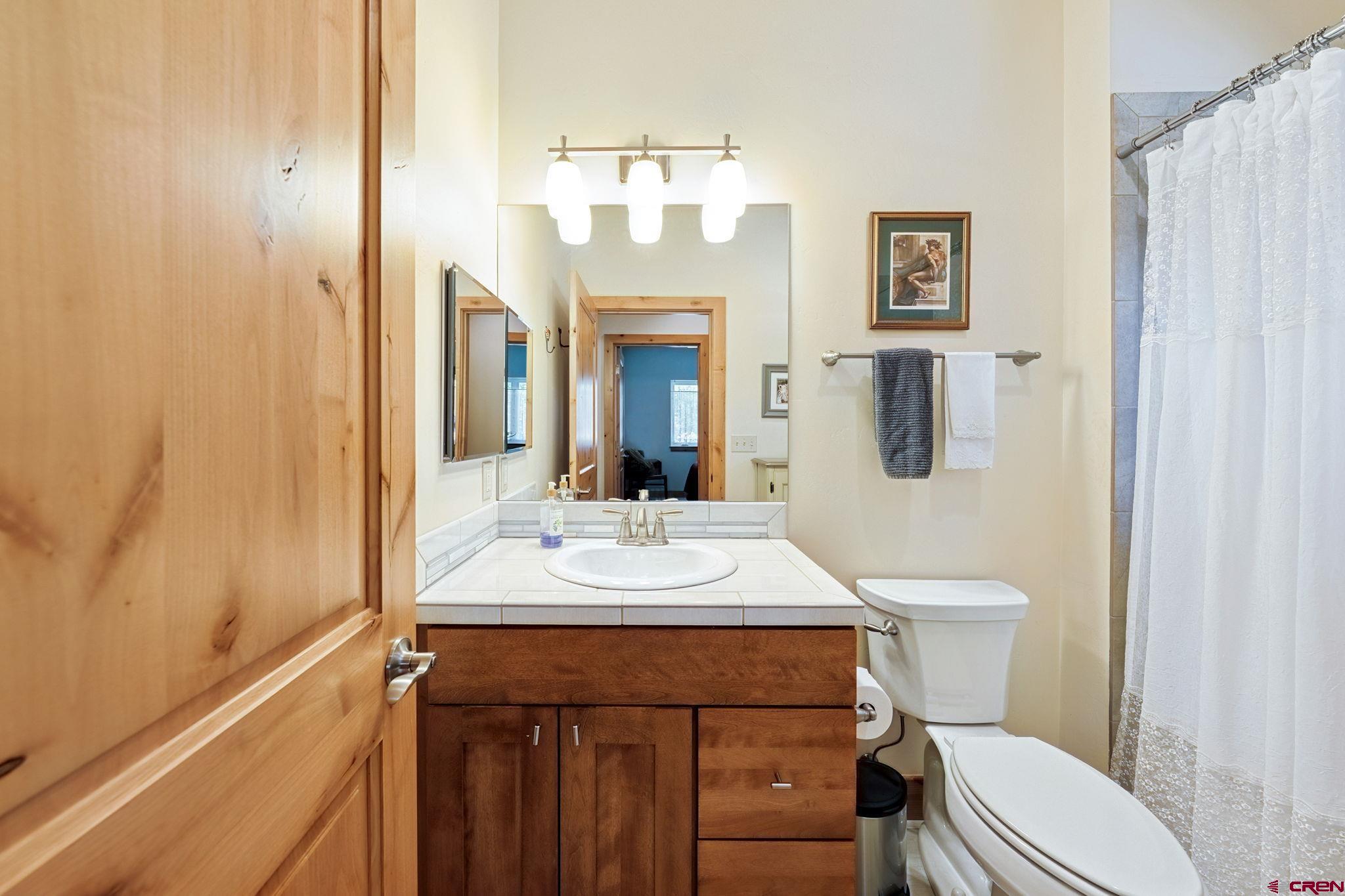 67 Mountain Stream Court Durango, CO 81301 - Photo 30 of 35 a bathroom with a sink a toilet a mirror and shower curtain