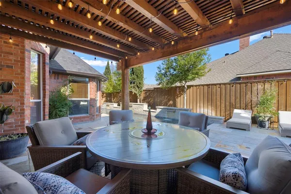 a outdoor space with patio the couches and dining table with garden view