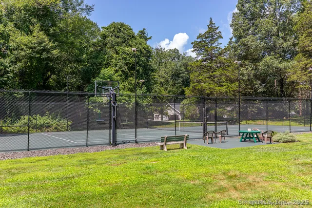 a garden view with a seating space