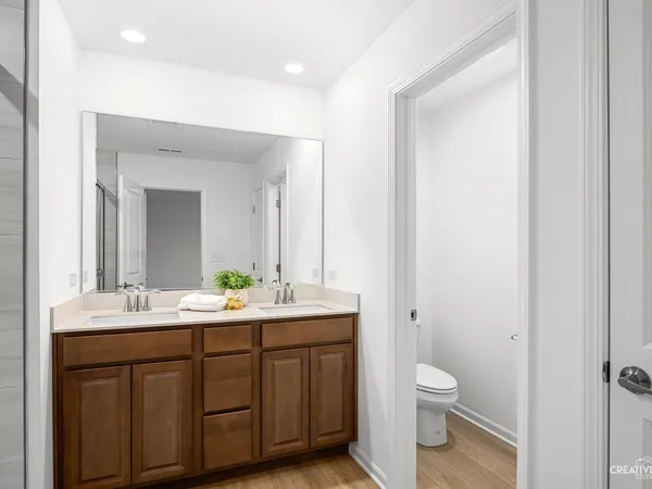 a bathroom with a toilet a sink a mirror and vanity