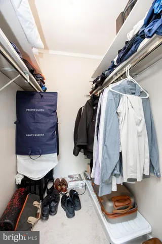 a view of walk in closet with clothes and shoes