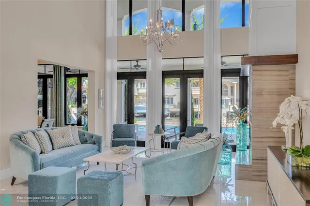 a living room with furniture and large windows