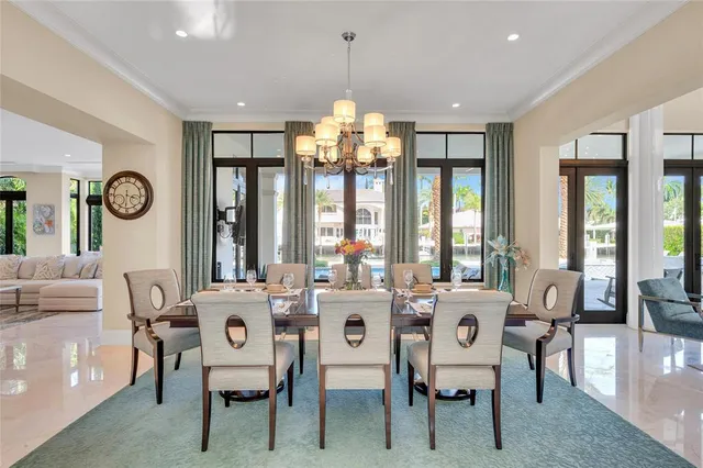 a very nice looking dining room with furniture window and outside view