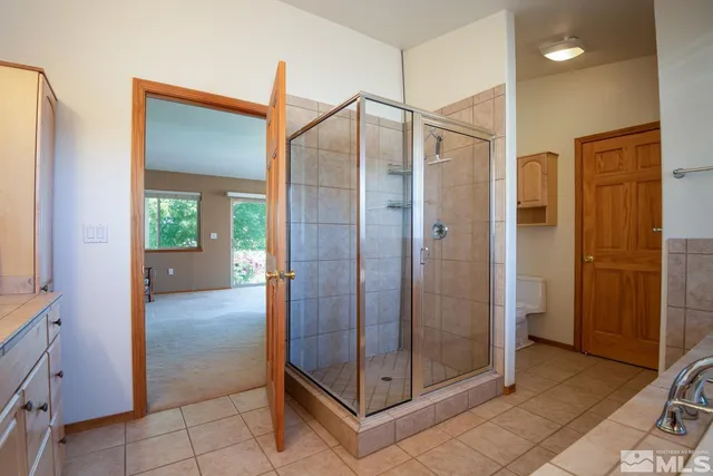 a bathroom with a shower and a sink