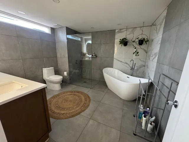 a bathroom with a toilet a sink a rug and a window