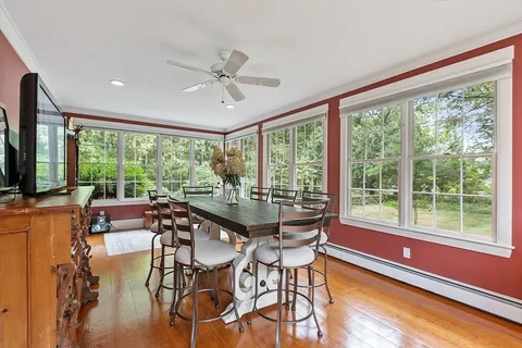 a view of a dining room with furniture window and outside view
