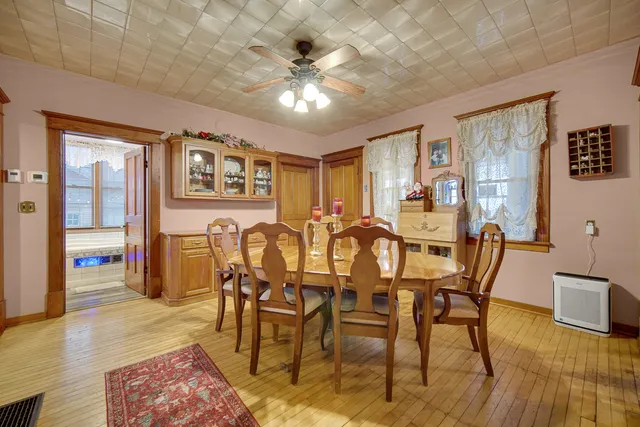 a view of a dining room with furniture