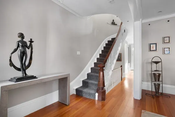 a view of staircase with wooden floor and a potted plant