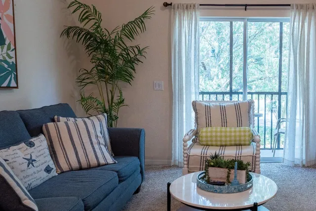 a living room with furniture and a potted plant