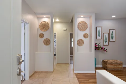 a bathroom with a shower and a mirror