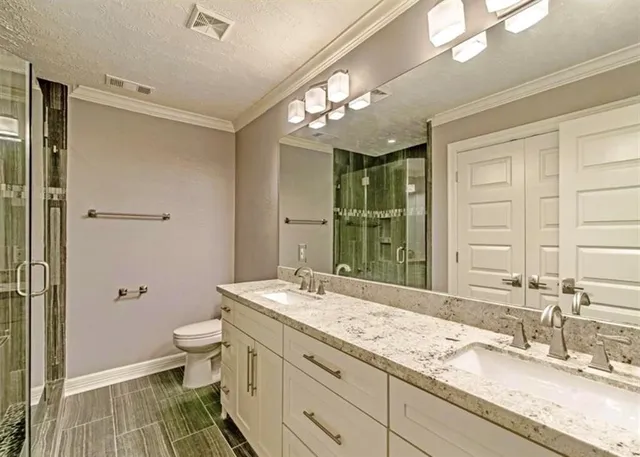 a bathroom with a granite countertop sink a toilet and a shower