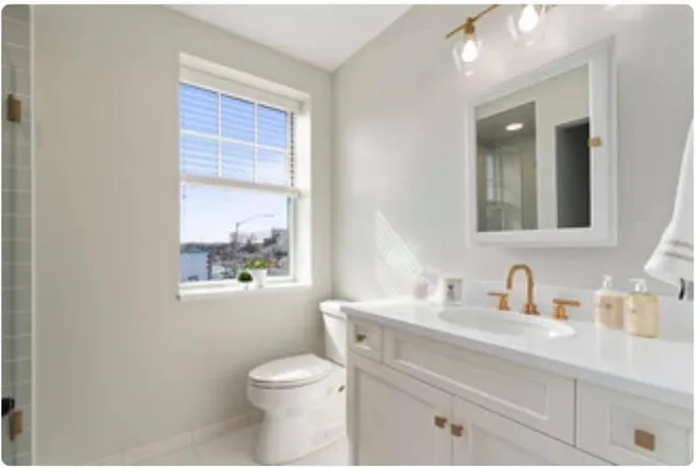 a bathroom with a toilet a sink a mirror a window and vanity