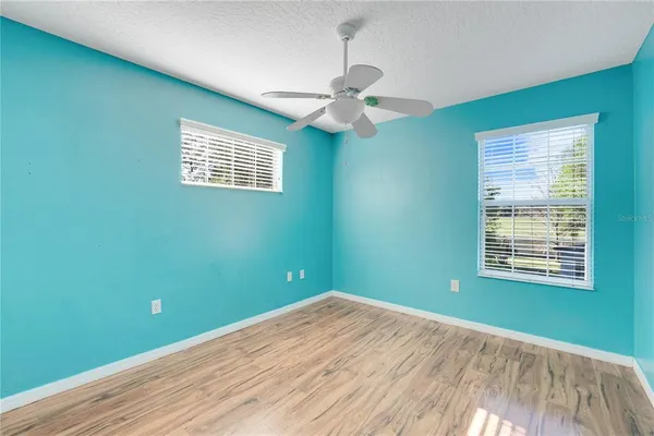 a view of a park with large trees