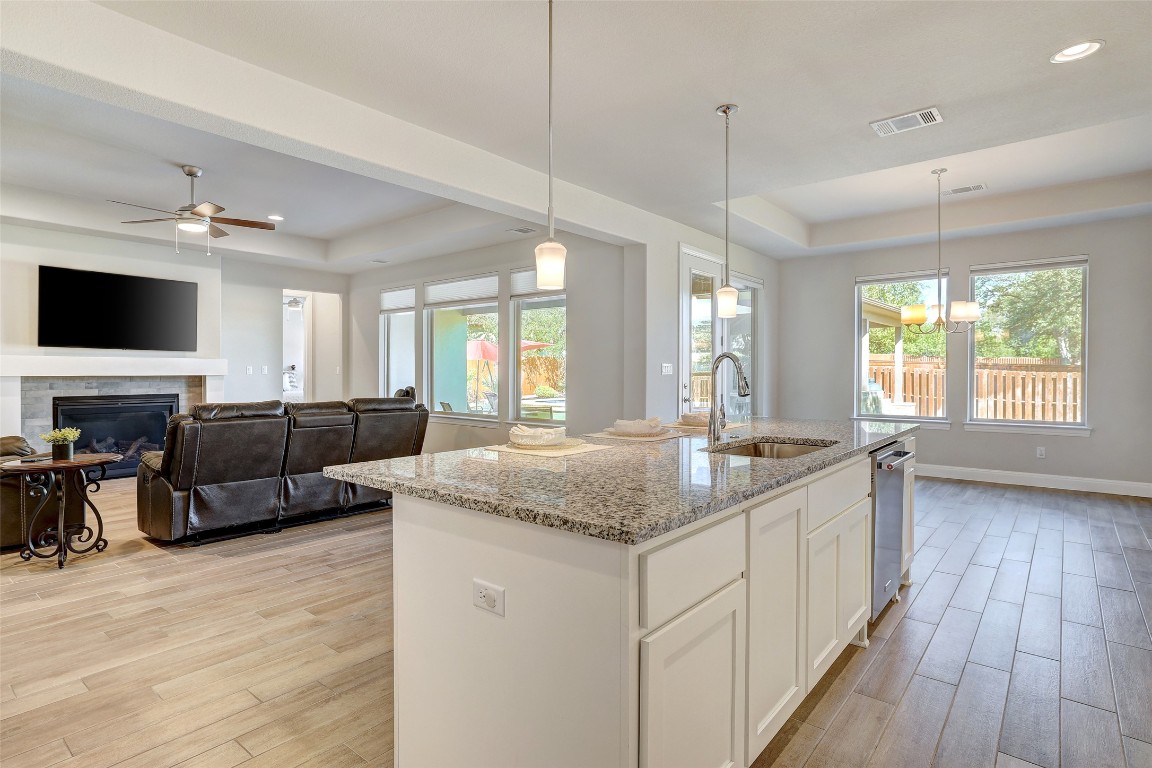 257 Axis Loop Georgetown, TX 78628 - Photo 12 of 40 a living room with granite countertop furniture a fireplace a flat screen tv and windows