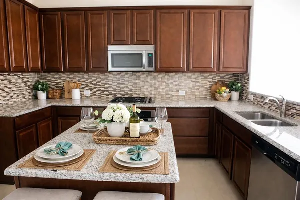 a view of a dining room with furniture
