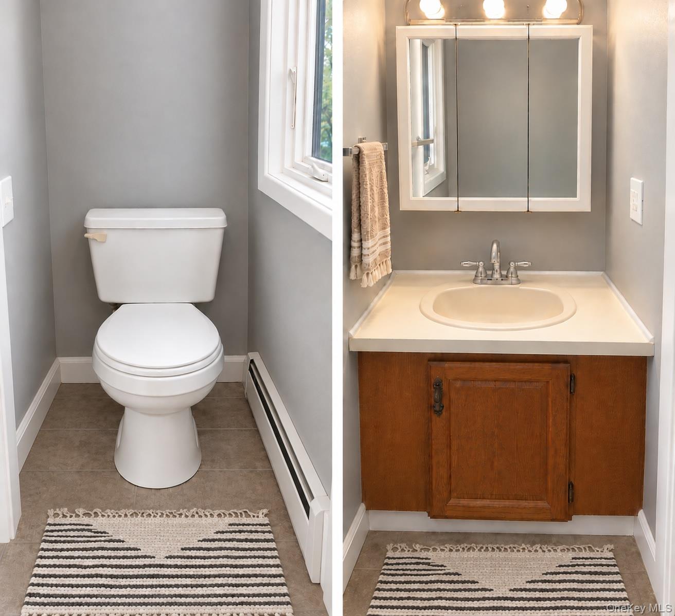 1 Morris Road Mountain Dale, NY 12763 - Photo 10 of 14 White toilet with a window, single basin vanity with an integrated sink, and medicine cabinet with integrated lighting