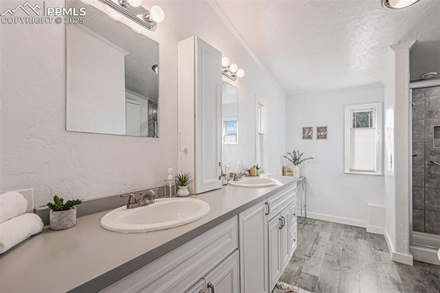 8440 Piute Road Colorado Springs, CO 80926 - Photo 16 of 34 Huge, light-filled primary bathroom featuring dual vanities and a free-standing glass shower—an elegant and spacious retreat.