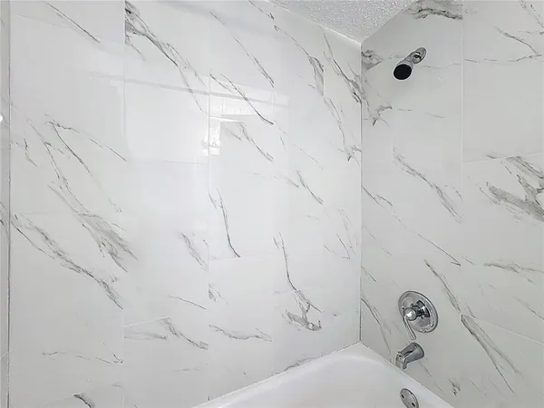 a bathroom with a bathtub and shower