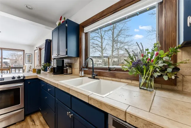a kitchen with a sink a counter top space and cabinets