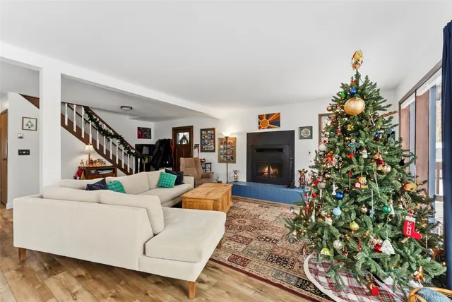 a living room with furniture a flower pot and a fireplace