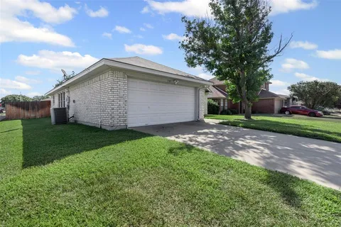 a view of a backyard with potted plants and large tree
