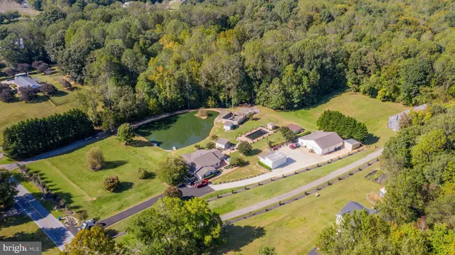 an aerial view of a pool