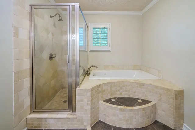 a bathroom with a tub and a shower
