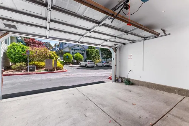 a view of a garage with wooden table