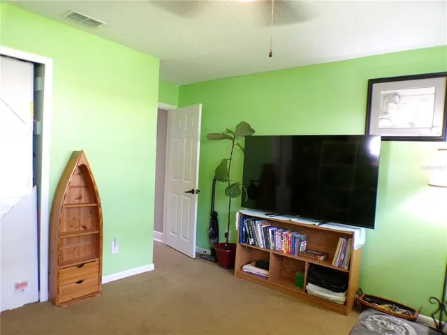 a view of a backyard with couches plants and large trees
