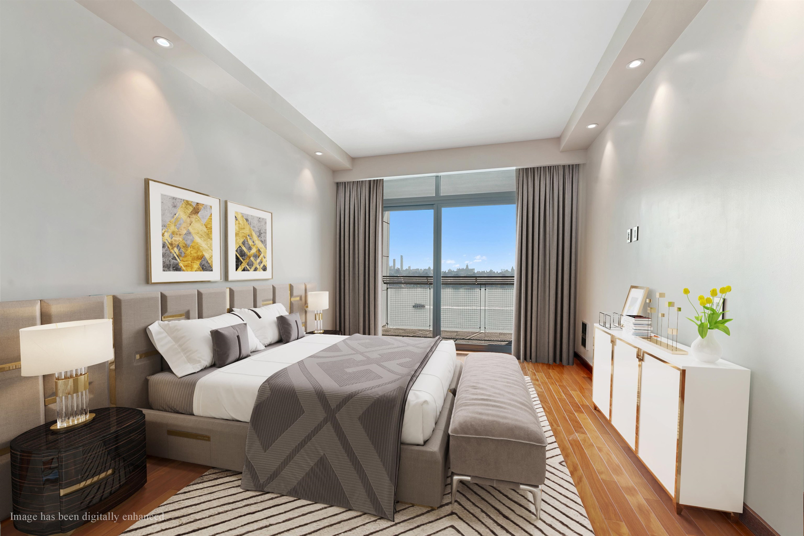 225 River Street, Unit 2003 Hoboken, NJ 07030 - Photo 9 of 19 a bedroom with a bed a couch and a window