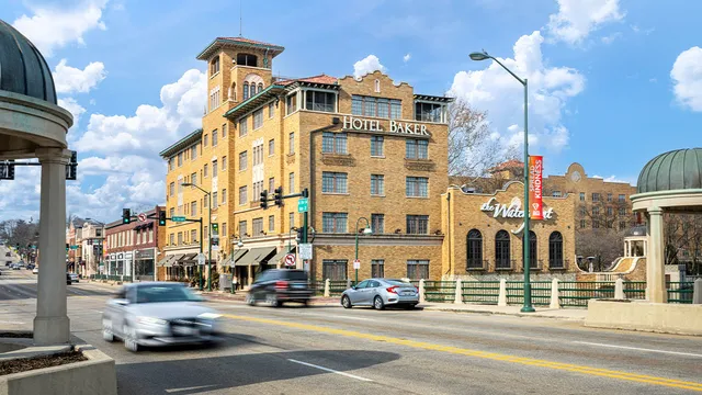 a front view of a building with street view