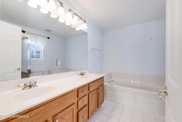 a bathroom with a tub a sink and mirror