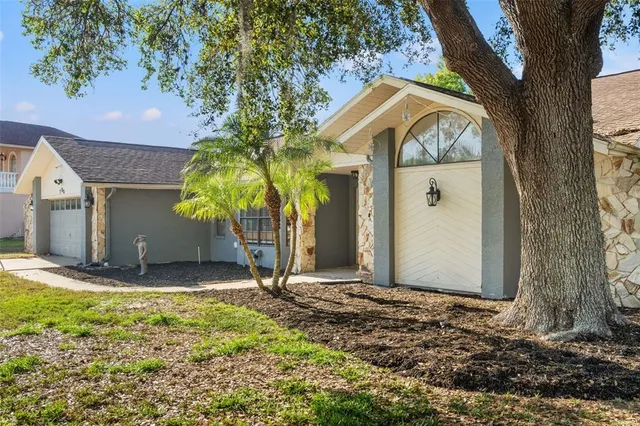 a view of a house with backyard and tree