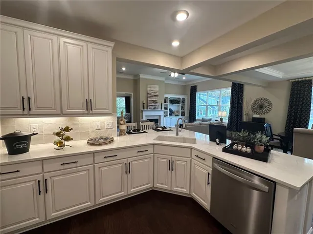 a kitchen with a sink dishwasher stove and cabinets
