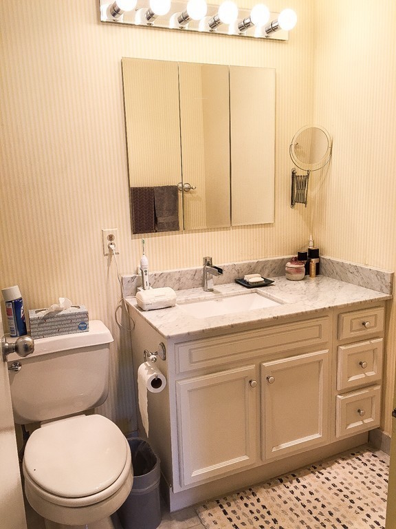 77 Pond Avenue, Unit 606 Brookline, MA 02445 - Photo 7 of 19 a bathroom with a granite countertop toilet sink and a mirror