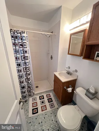a bathroom with a sink a toilet a mirror and shower