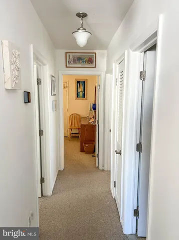 a view of a hallway with closet and a livingroom view
