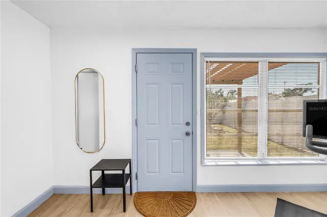 a view of a backyard with a large tree